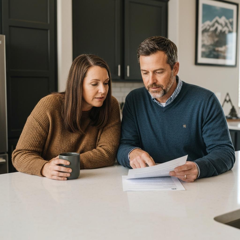 Do Cash Buyers Always Offer Less When Purchasing a Home? Thoughtful middle-aged couple reviews a cash offer on a house, sitting at a sunlit kitchen table in their modern Colorado Springs home.
