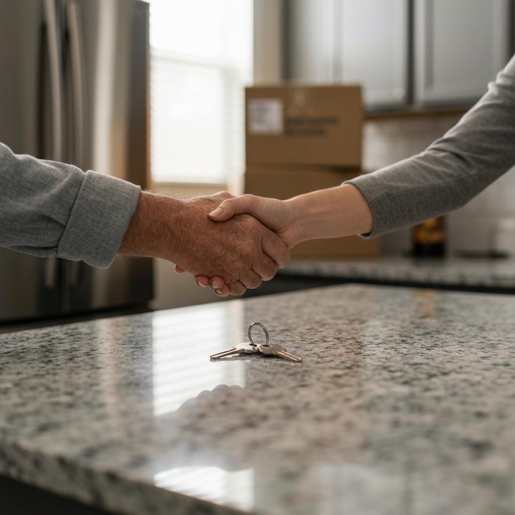 Why Would Someone Want Cash Only For a House in Colorado Springs? Close-up of a professional handshake finalizing a cash only for a house sale over a kitchen counter with keys in Colorado Springs, Colorado.