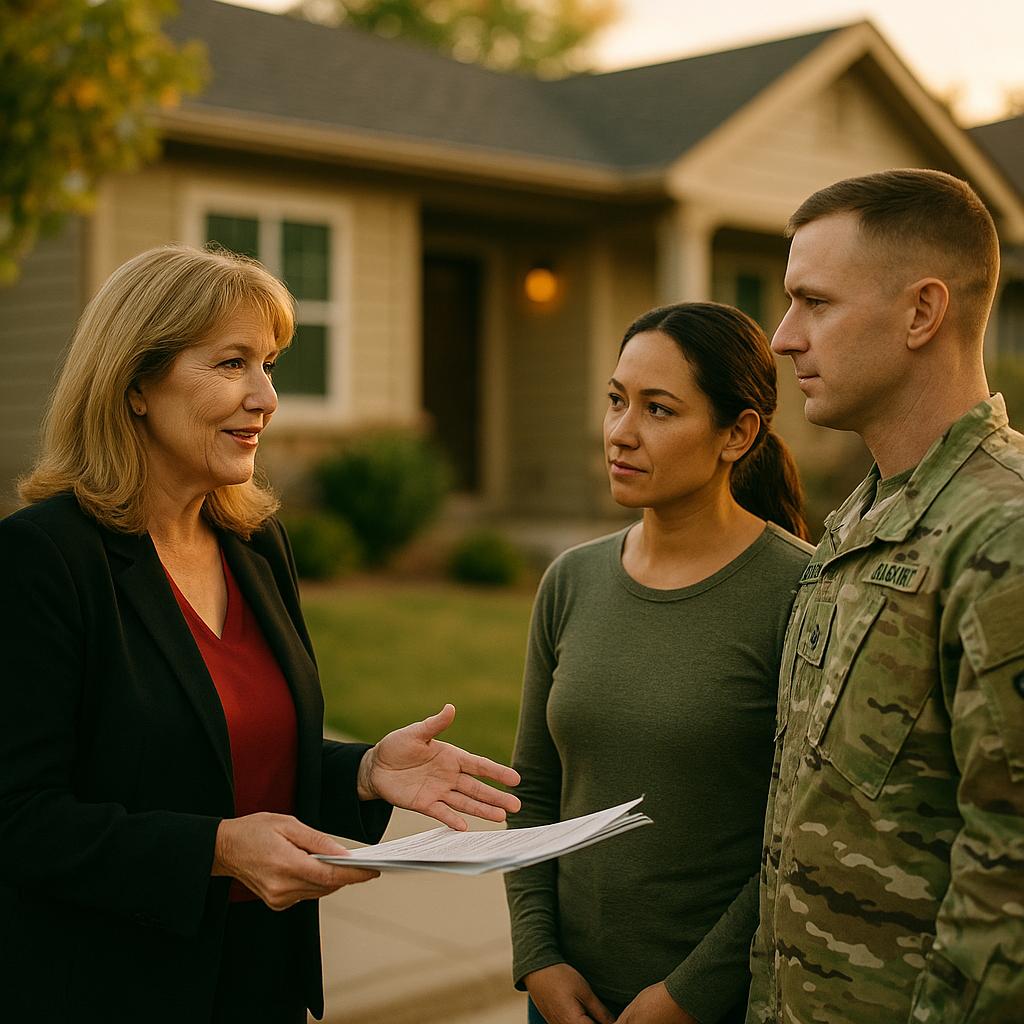 Trustworthy real estate agent discusses a VA loan home offer with a hopeful military family outside a beautiful home in Colorado Springs, Colorado.