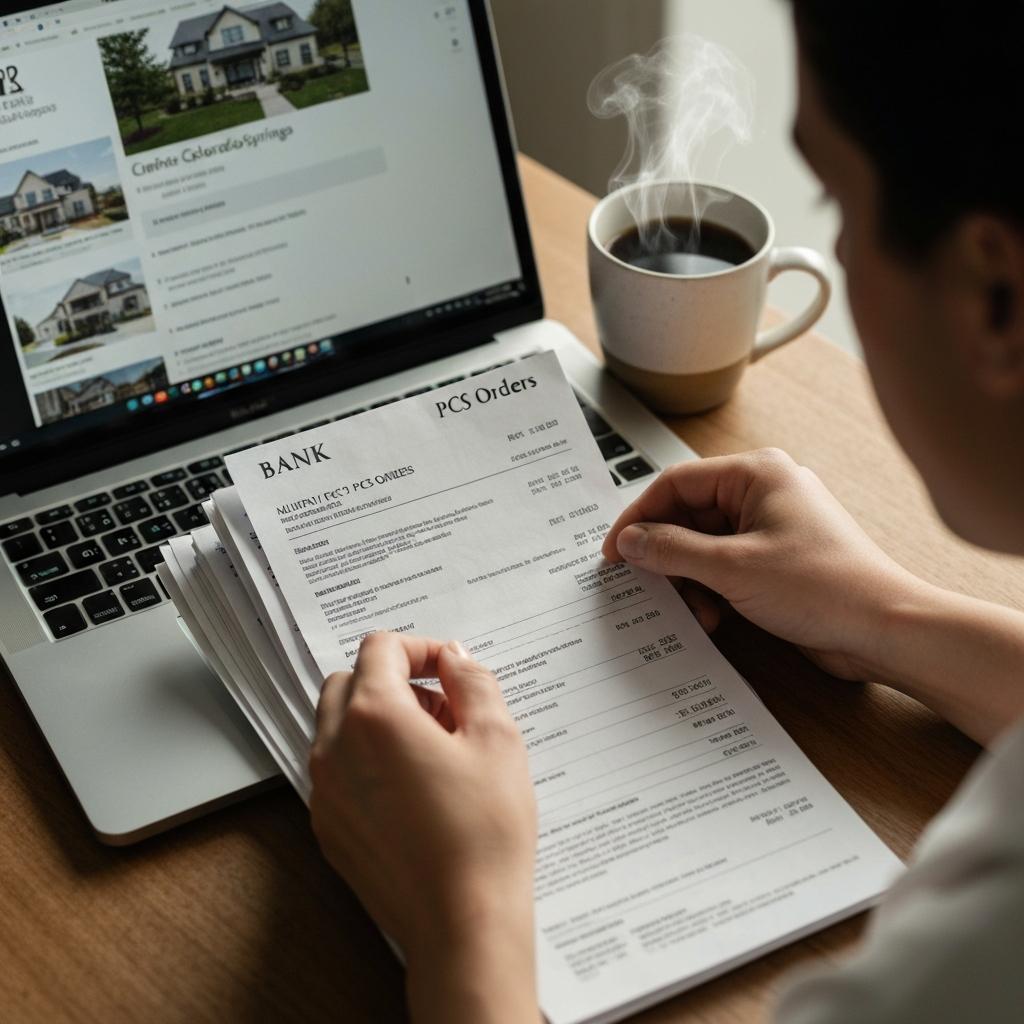 Proof Of Funds Cash Offer Organizing Documents Colorado Springs. Diligent hands organize financial documents as proof of funds for a cash offer on a home in Colorado Springs, with a laptop showing listings.