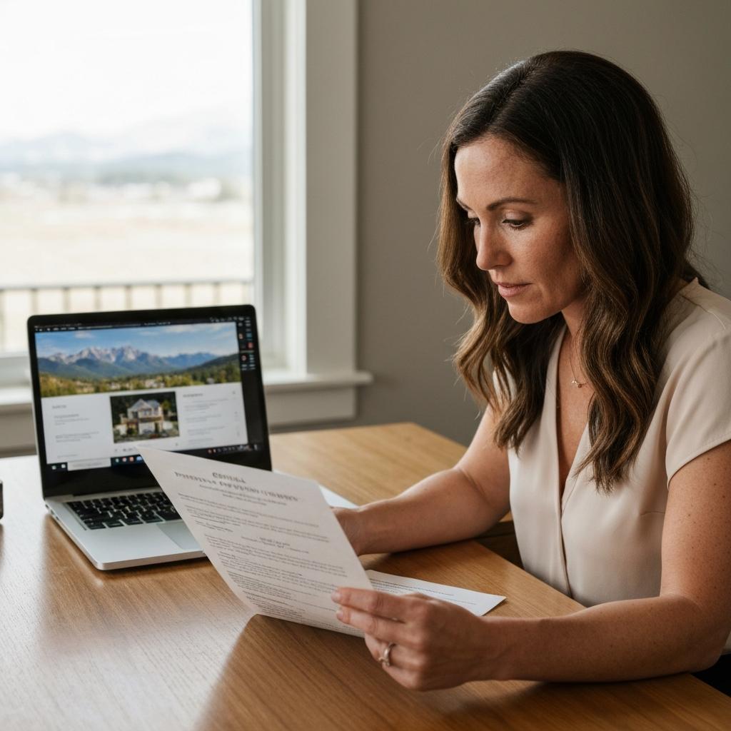 Confident homebuyer reviewing an official proof of funds for a cash offer letter at a modern desk in a bright Colorado Springs home office.