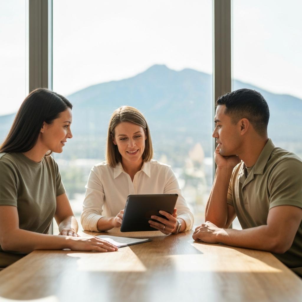 Do I Need a Buyer Agent for Buying a House in Colorado? Professional female buyer agent explaining a home contract on a tablet to a military couple who look confident and reassured in her modern Colorado Springs office.