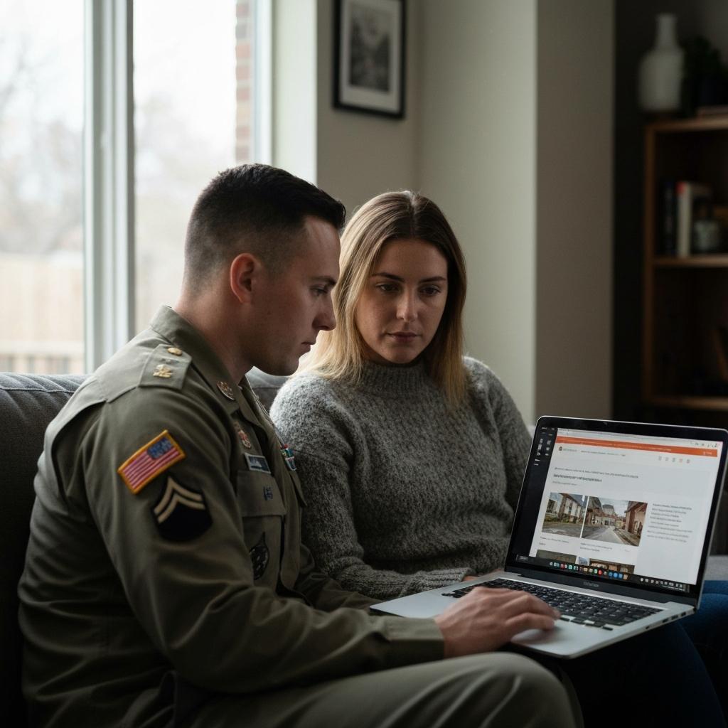 Can Anyone See If You Looked at Their House on Zillow? Focused military couple privately reviewing a Zillow listing on a laptop, wondering can anyone see if you looked at their house in Colorado Springs.