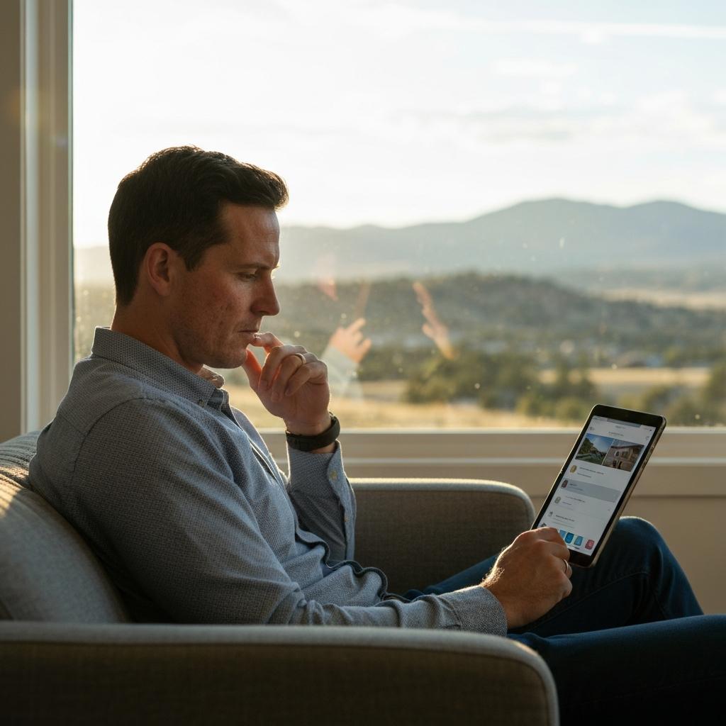 Can Anyone See If You Looked at Their House on Zillow? A thoughtful homebuyer privately browsing real estate listings on a tablet, illustrating Zillow viewer privacy in their modern Colorado Springs home.