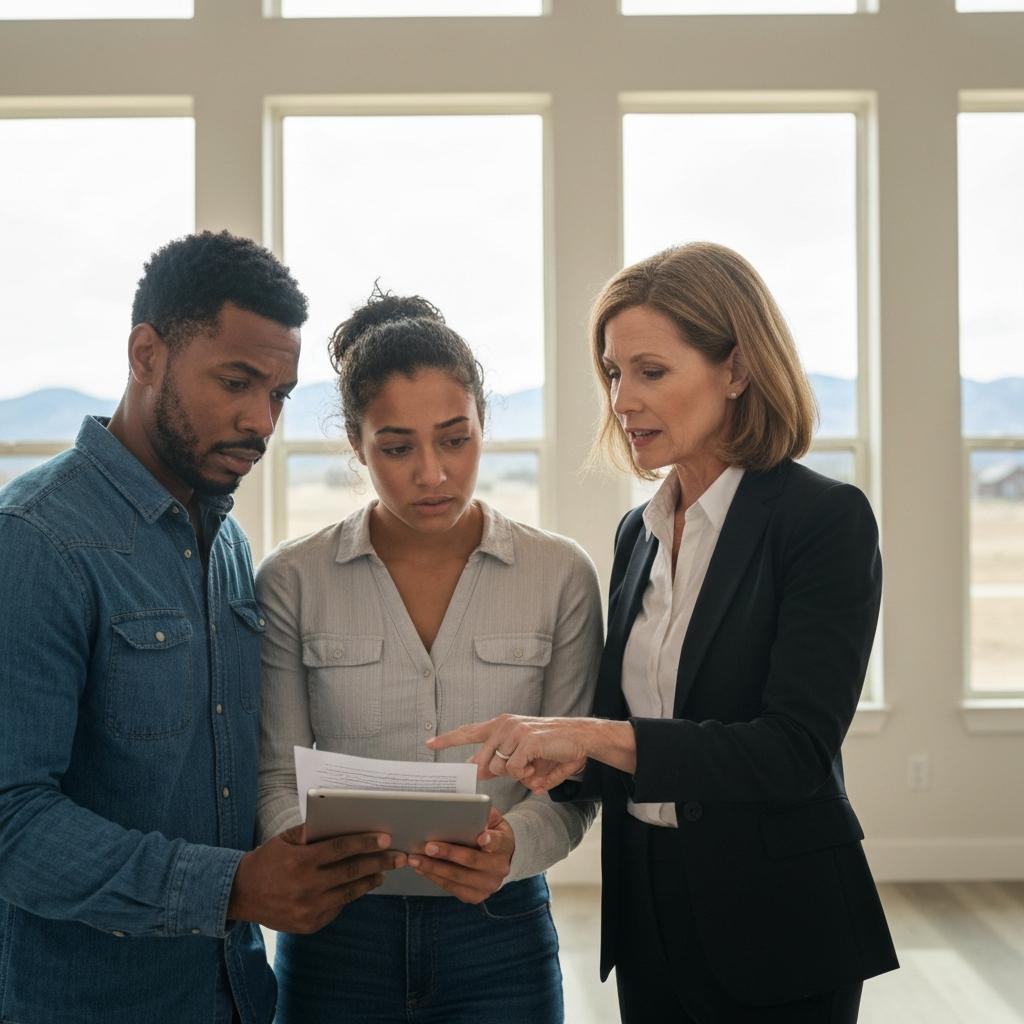 Professional real estate agent calmly explains a new construction home appraisal document to a concerned couple in a new home in Colorado Springs. New Construction Home Appraisal Gap Agent Explains Options Colorado Springs