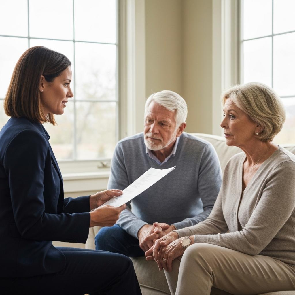 When a House is Off-Market What Does That Mean in Colorado Springs? Professional real estate agent discusses an off-market house meaning with an older couple during a discreet home sale in Colorado Springs, CO.