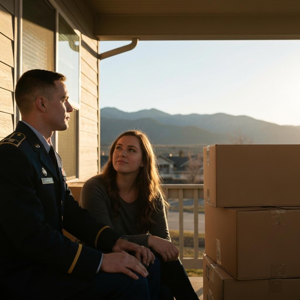 Why Do Sellers Take Homes Off Market? Young military couple on their front porch with moving boxes, a key reason why sellers take homes off market in their Colorado Springs home.