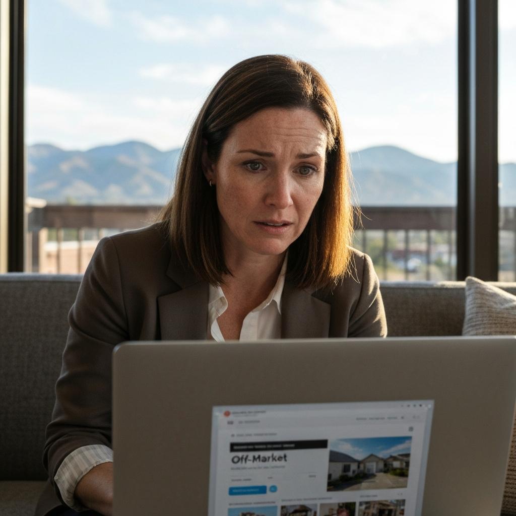 Why Does Zillow Say Off-Market Instead of Sold in Colorado Springs? Confused homeowner looks at a laptop showing why Zillow says off-market instead of sold for a property listing in her modern Colorado Springs home.