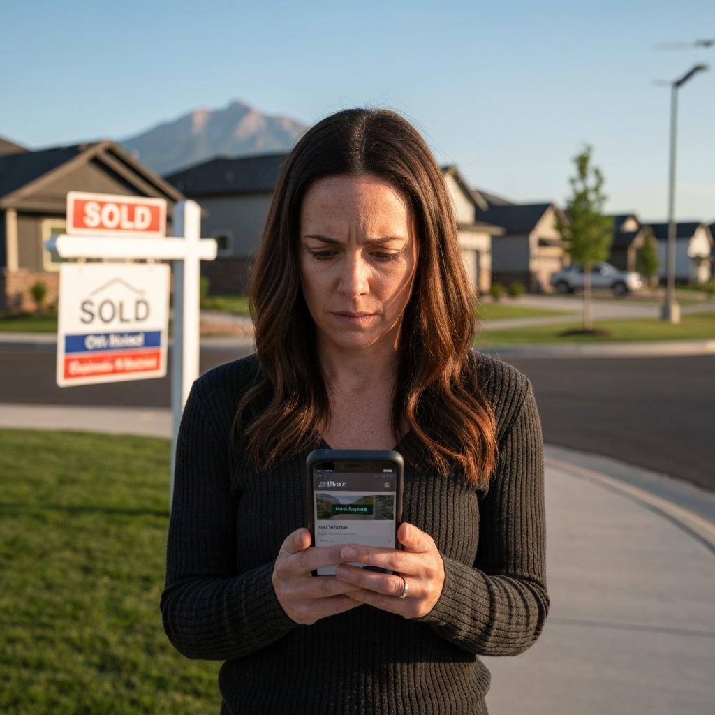 Why Does Zillow Say Off-Market Instead of Sold in Colorado Springs? Confused homebuyer looks at a Zillow 'Off-Market' status on their phone in front of a suburban house with a 'Sold' sign in Colorado Springs.