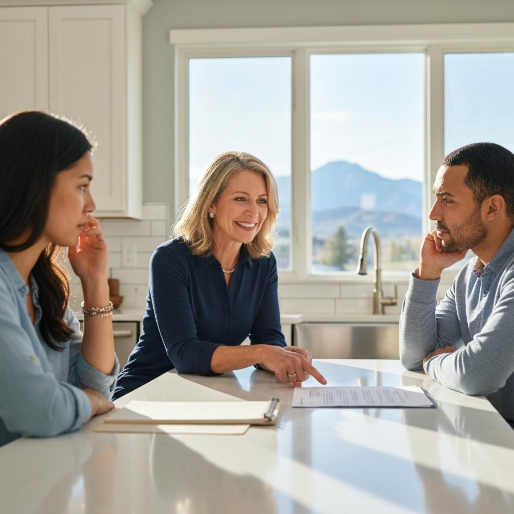 How Soon After a Showing Should You Expect an Offer? Offer After Home Showing With Realtor Colorado Springs. Professional real estate agent reviews an offer after a home showing with a relieved couple in their modern Colorado Springs home.