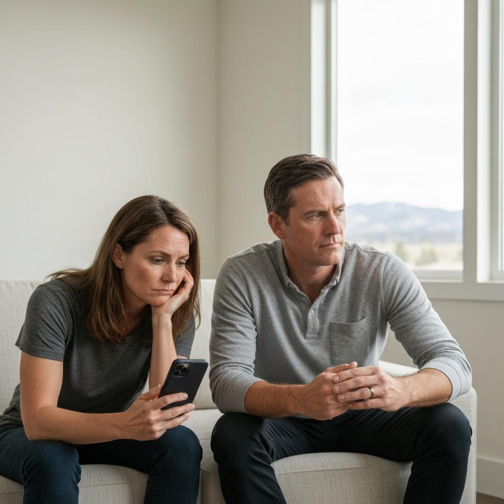 Why Do You Have Lots of Showings But No Offers on Your House? Frustrated couple in their modern Colorado Springs living room looking concerned after getting many home showings but no offers on their house.