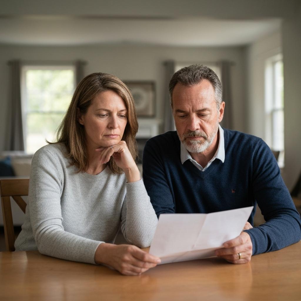 Why Do You Have Lots of Showings But No Offers on Your House? Concerned homeowner couple in Colorado Springs reviewing feedback at their dining table after many house showings but receiving no offers.