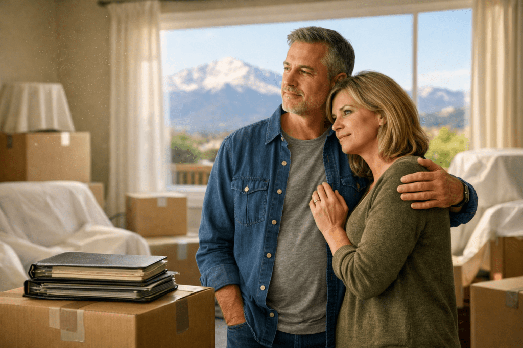 How Much Does It Cost To Clean Out An Inherited Property In Colorado Springs? Couple plans an estate cleanout in a Colorado Springs home with a view of Pikes Peak, representing inherited property costs.