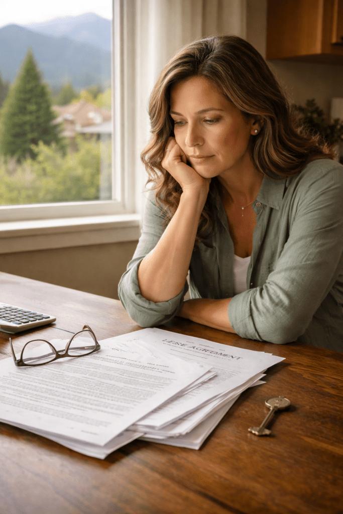 How Do You Handle Tenants In An Inherited Property In Colorado Springs - Mature couple looking serious while reviewing legal lease documents for tenants in an inherited property at their kitchen table in Colorado Springs