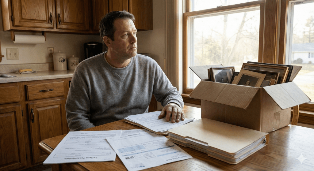 Do You Need Homeowners Insurance On An Inherited Property During Probate In Colorado?  Probate Property Insurance Executor Protecting Inherited Home - Responsible executor reviewing documents for probate property insurance in front of a vacant inherited home in Colorado Springs during sunset.