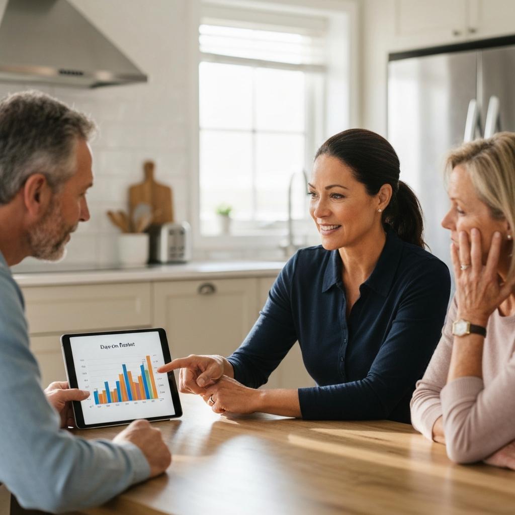 How Long Are Homes Staying on the Market in Colorado Springs in 2026.  Professional female real estate agent discusses a 'days on market' chart on a tablet with a couple in their modern Colorado Springs kitchen.