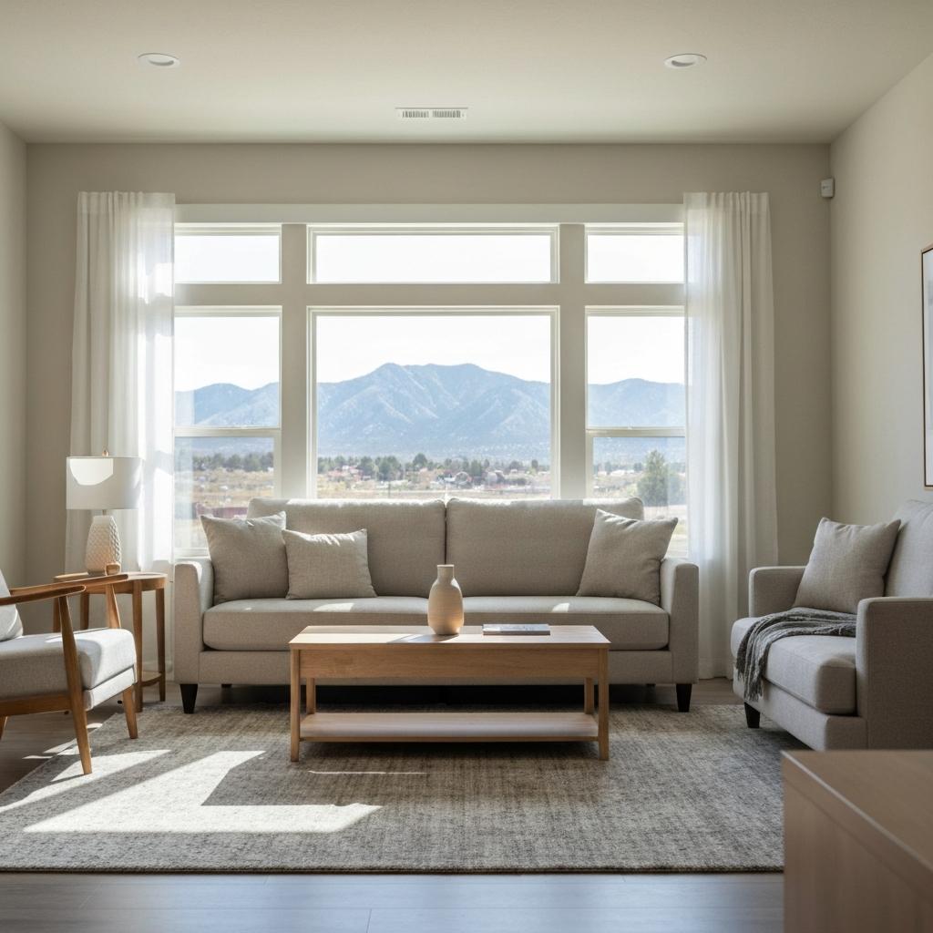 Does Home Staging Really Help Sell a House in Colorado Springs? Bright, professionally staged living room showcasing effective home staging with a beautiful mountain view through the window in Colorado Springs, CO.