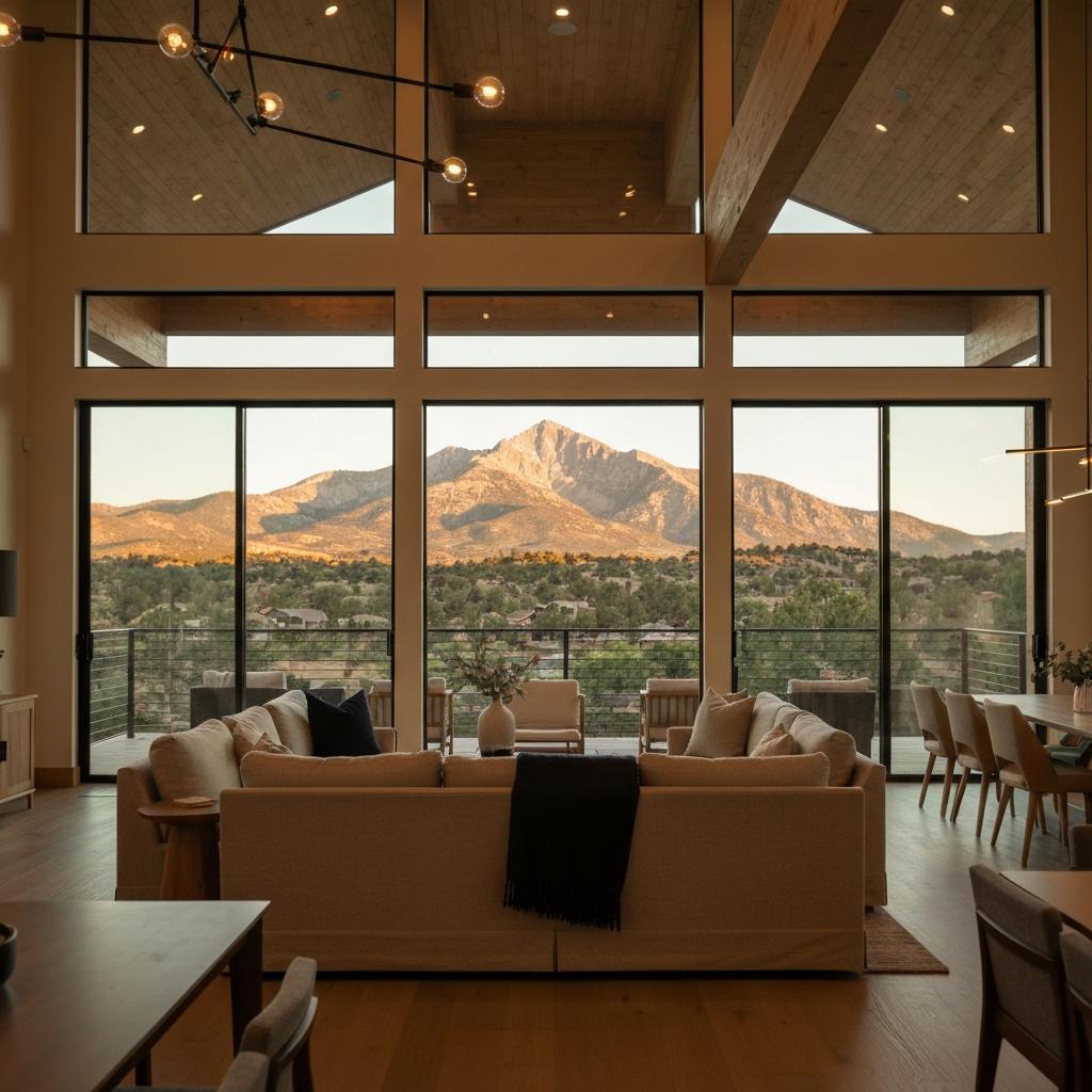 Does Home Staging Really Help Sell a House in Colorado Springs? Beautifully staged modern living room with a clear view of Pikes Peak, showcasing the benefits of professional home staging in Colorado Springs.