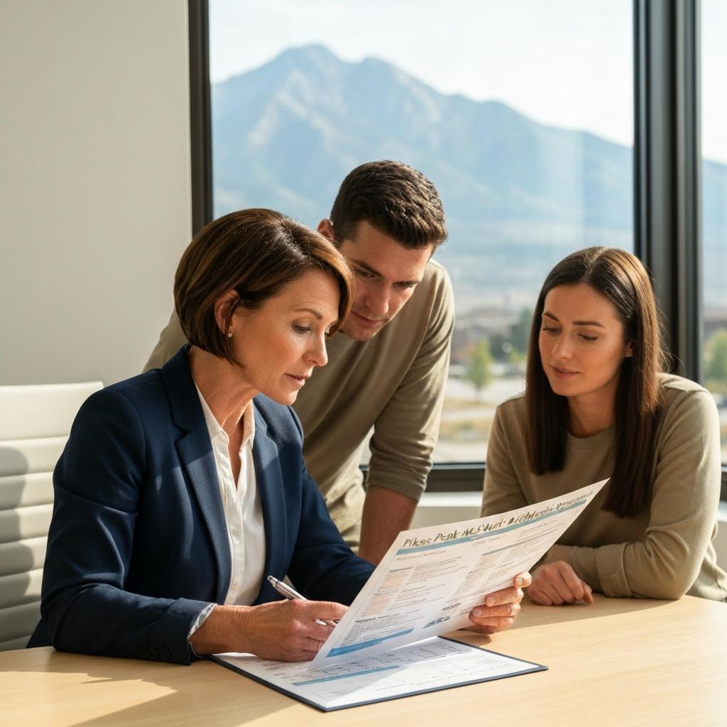 What Is the Current Median Home Price in Colorado Springs?  Professional real estate agent discusses the median home price in Colorado Springs with a military couple, pointing to specific local MLS data in her office.