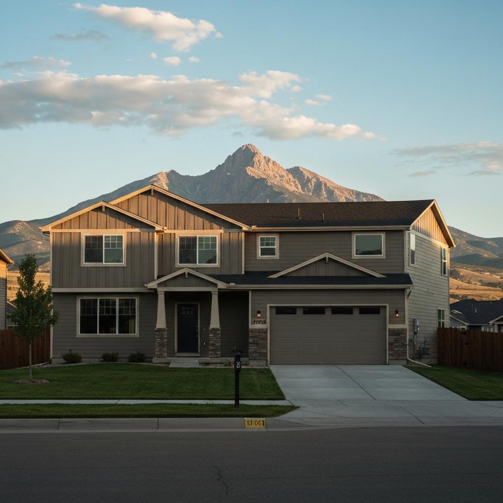 What Is the Current Median Home Price in Colorado Springs?  Photorealistic single-family home representing the median home price in Colorado Springs, with a clear view of Pikes Peak in the background at sunset.