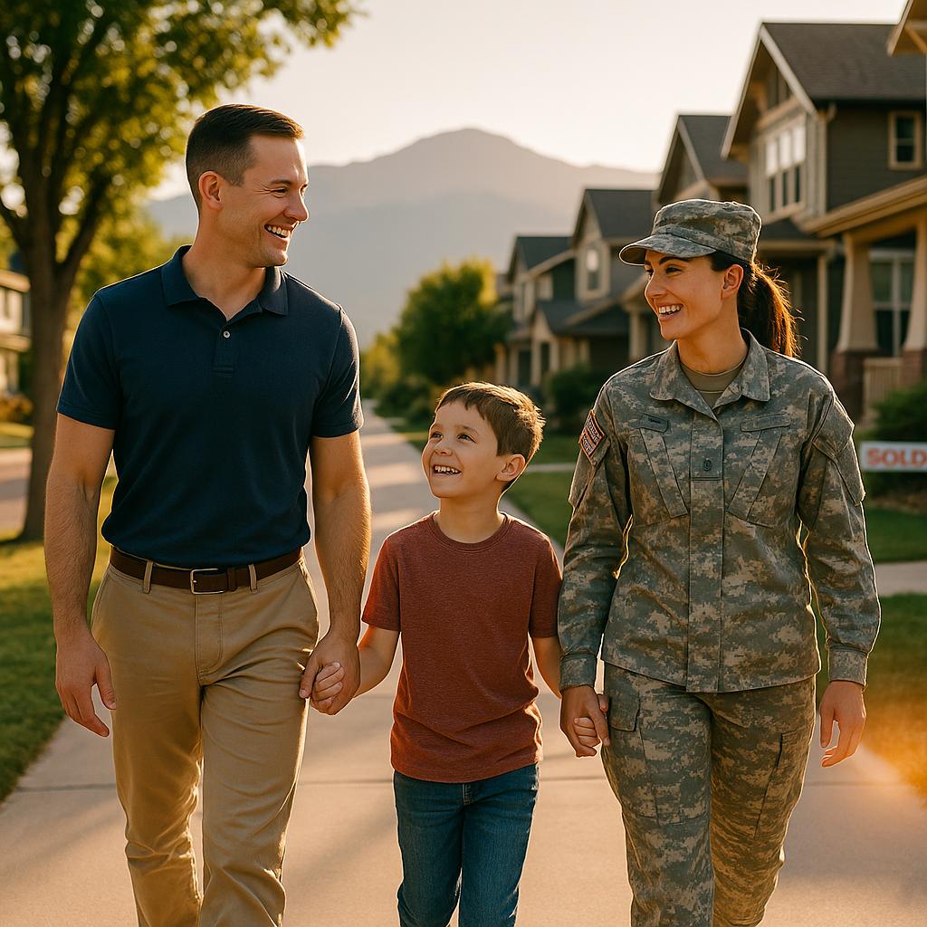 How Long Are Homes Staying on the Market in Colorado Springs in 2026. A happy military family walks hand-in-hand down a beautiful residential street after purchasing their new home in Colorado Springs, CO.
