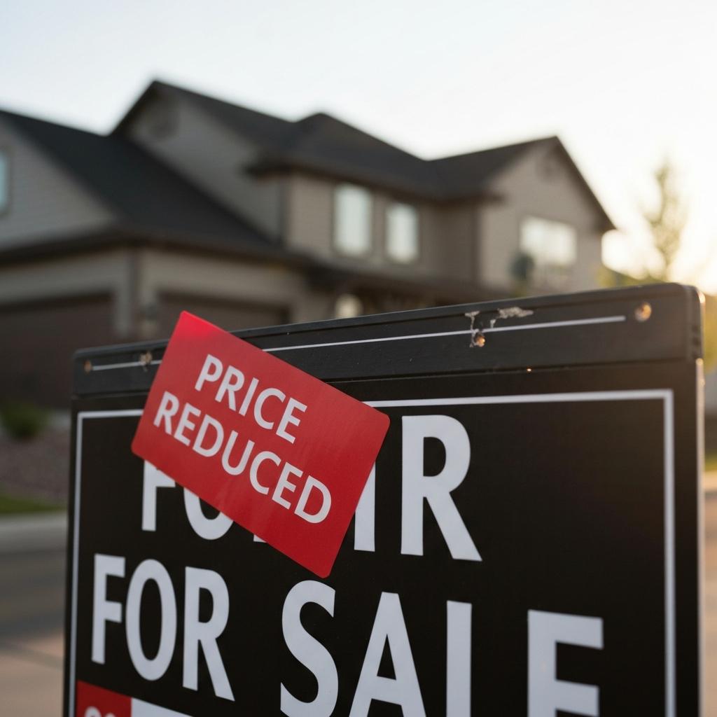 Can Great Marketing Actually Fix an Overpriced Home? Photorealistic 'For Sale' sign with a 'Price Reduced' sticker in front of a beautiful suburban home in Colorado Springs, illustrating a pricing issue.