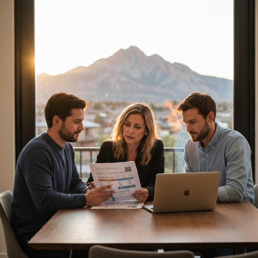 What Are Some Pricing Strategies for Sellers to Attract Offers in Colorado Springs in 2026? Pricing Strategies For Sellers Agent With Homeowners Colorado Springs. Professional real estate agent discussing home pricing strategies with a couple at their dining room table in their modern Colorado Springs home.
