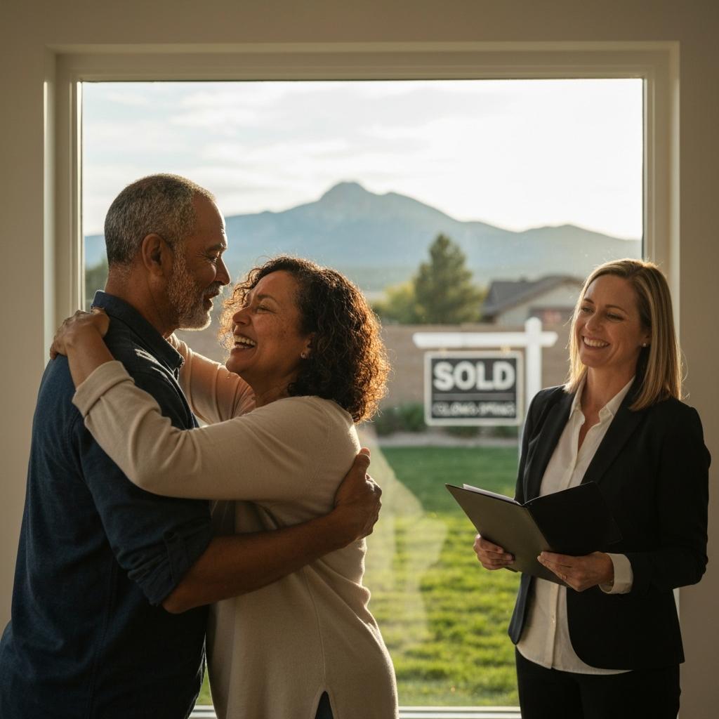 Relieved couple in their 50s celebrates a successful home sale, a direct result of expert pricing strategies for sellers in Colorado Springs. What Are Some Pricing Strategies for Sellers to Attract Offers in Colorado Springs in 2026