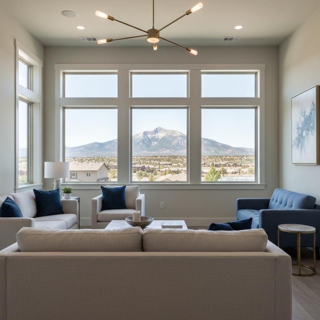 What Are Top Strategies to Sell Your Home in a Colorado Springs Buyer's Market? Bright, professionally staged living room showcasing a key strategy to sell your home with a stunning view of Pikes Peak in Colorado Springs.