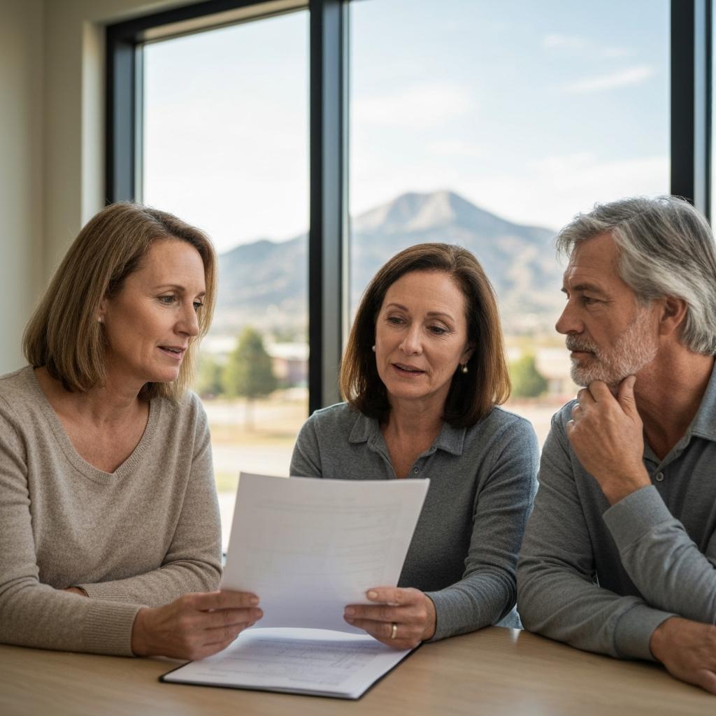 Can You Sell An Inherited Property Without Listing It In Colorado Springs? Compassionate real estate expert in a bright Colorado Springs office explains options to a relieved couple looking to sell an inherited property.