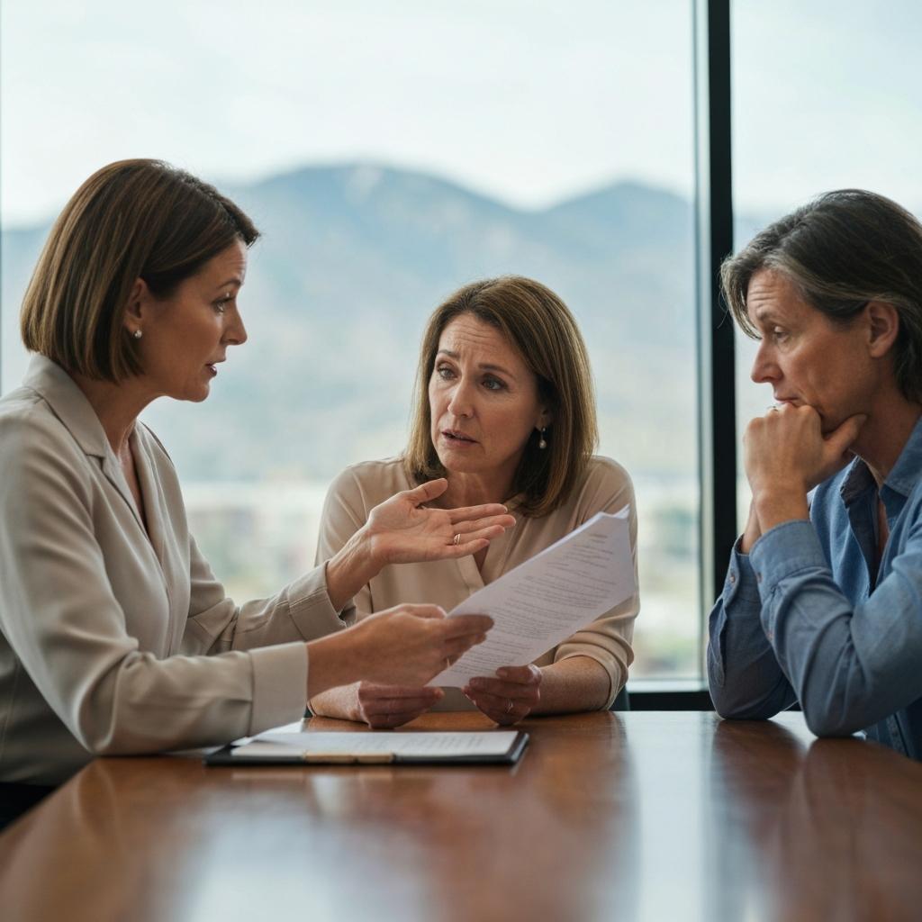 Can You Sell Inherited Property Below Market Value In Colorado Springs?  Empathetic real estate expert advising two adult siblings on the process to sell inherited property in a bright, modern Colorado Springs office.