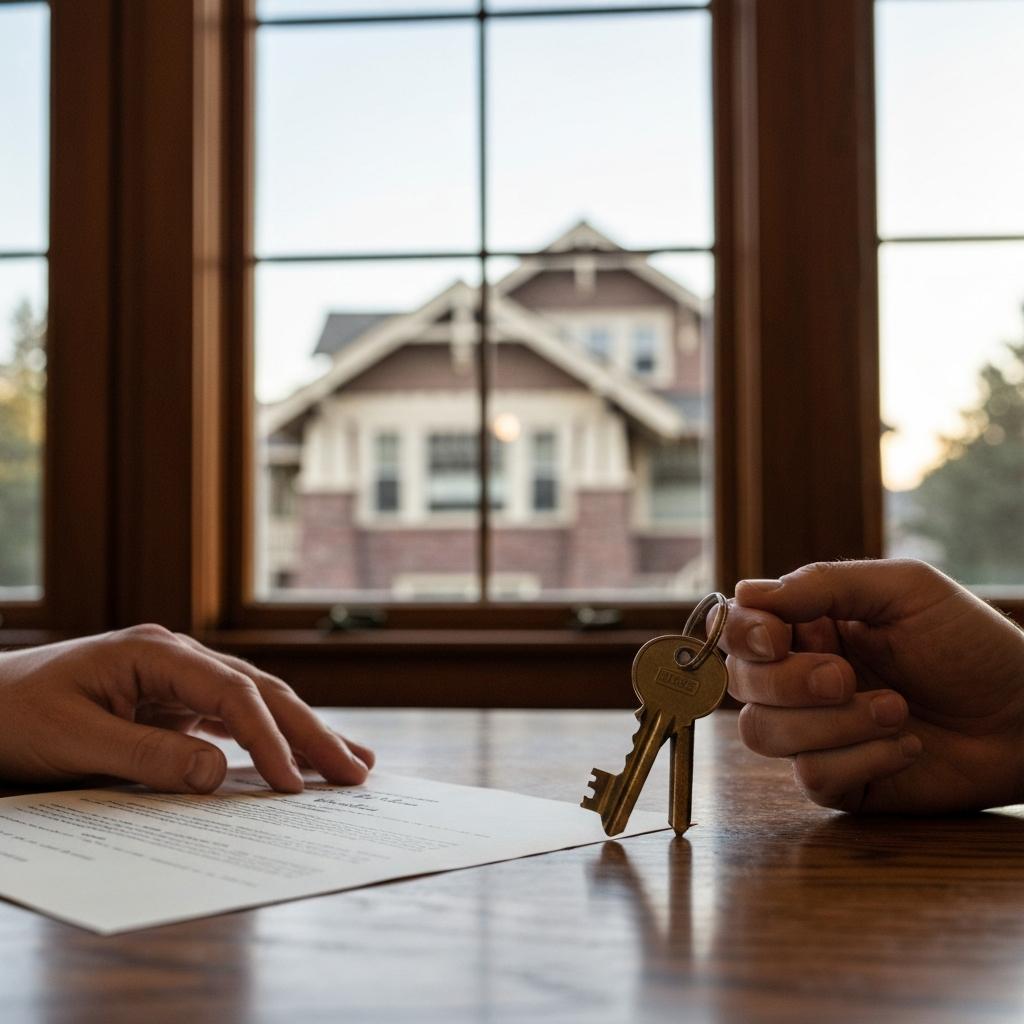 Can You Sell An Inherited Property Without Listing It In Colorado Springs? Close-up of hands holding antique house keys and a will to sell an inherited property, with a home visible through a window in Colorado Springs.